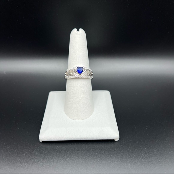Sterling Silver Heart Crown Blue Sapphire CZ Ring, size 8 - Picture 8 of 9